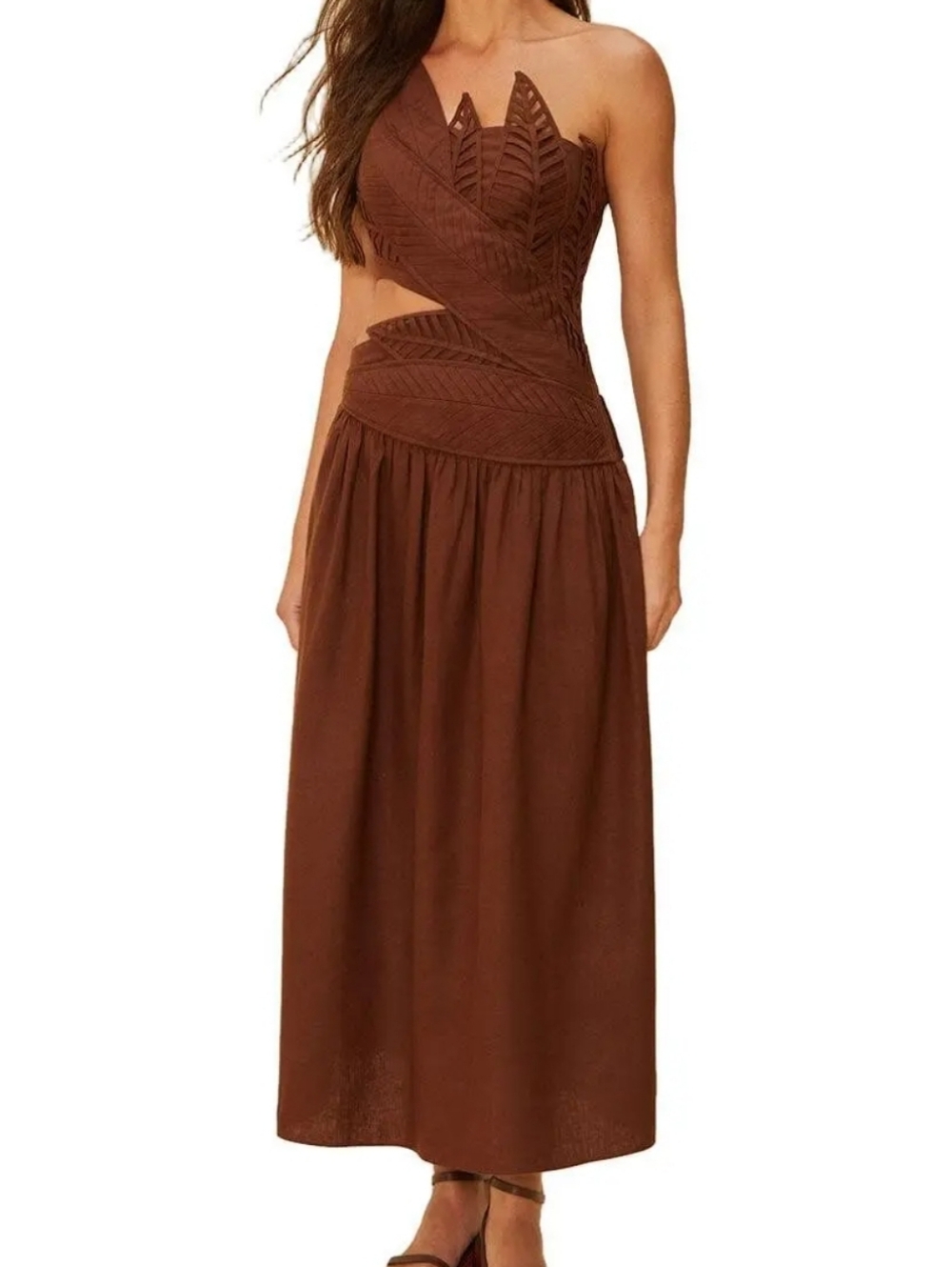 FARM Rio Brown One-Shoulder Leaf Cutout Midi Dress Size XL